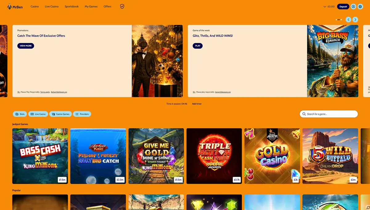 Mr Ben casino lobby with navigation and casino categories