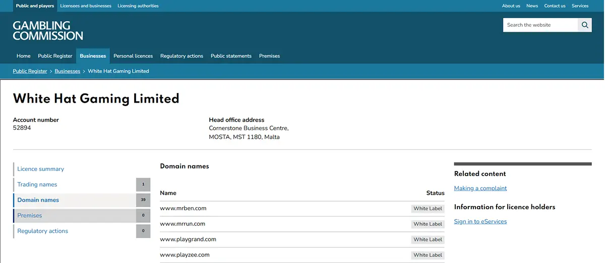 UK Gambling Commission register entry for White Hat Gaming Limited and mrben.com