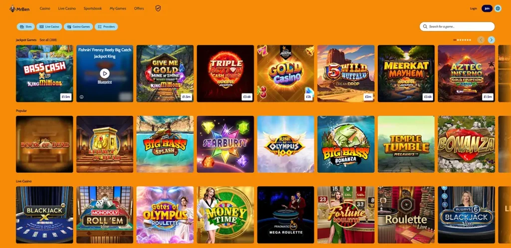 Mr Ben casino lobby showing game categories and provider filtering