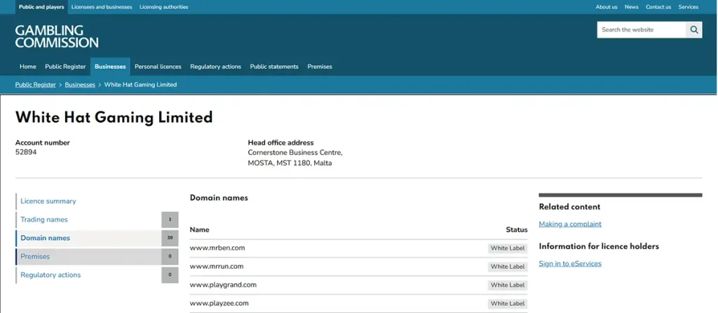 UK Gambling Commission register entry linking mrben.com to White Hat Gaming Limited account 52894