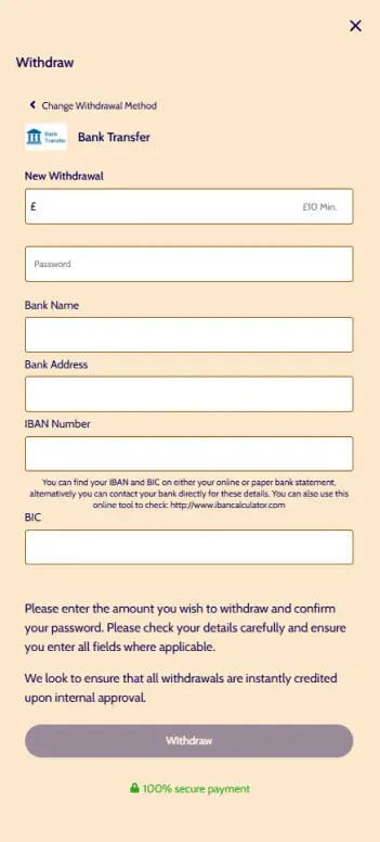 Mr Ben cashier showing payment-method choices for a UK account