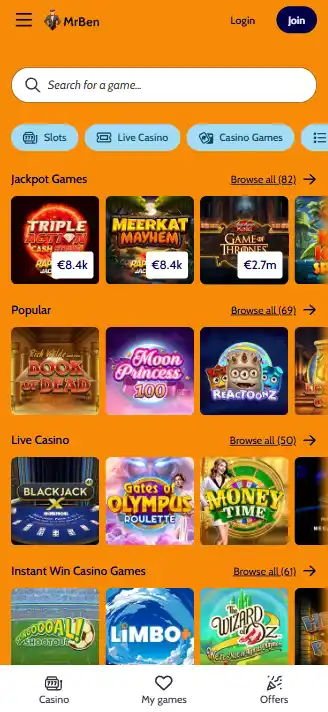 Mr Ben casino website displayed in a mobile phone viewport