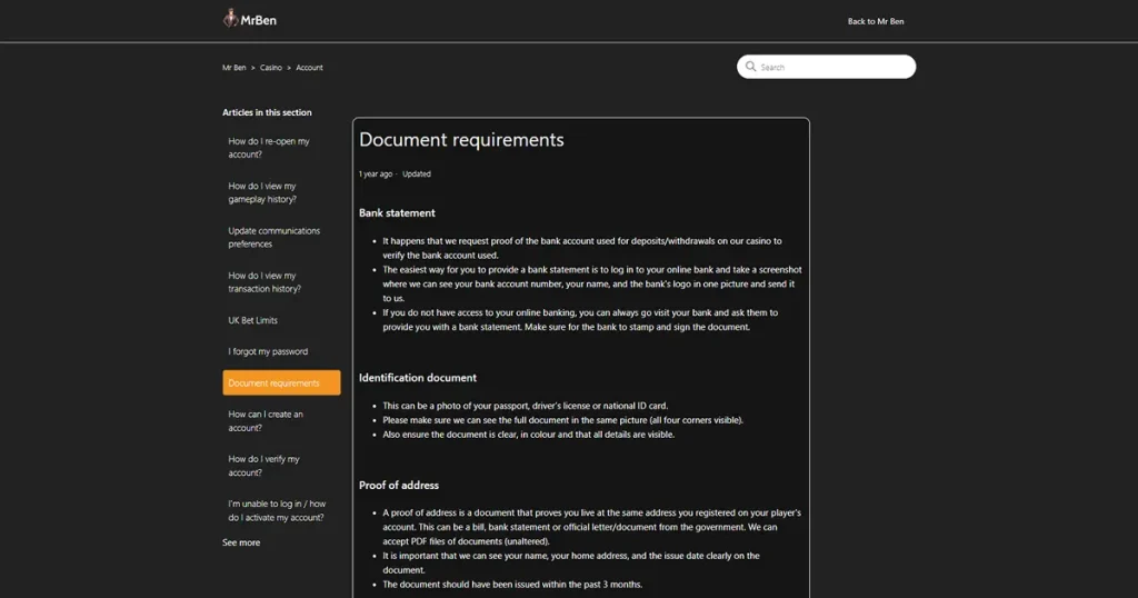 Mr Ben document-requirements guidance for account verification