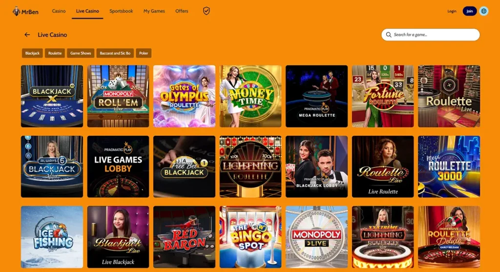 Mr Ben live casino section with dealer-table categories